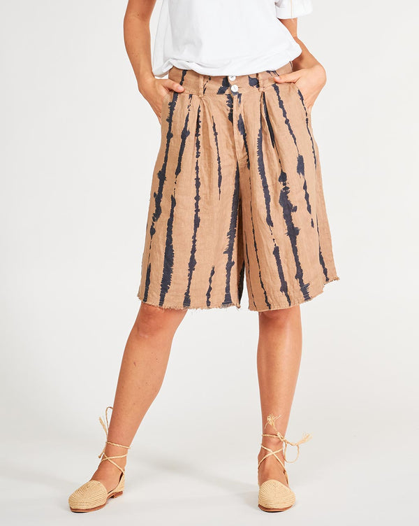 baci Linen Drip Striped Shorts Camel