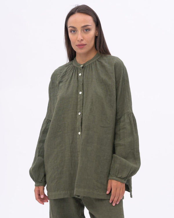 baci Linen Drop Sleeve Pleated Top Black