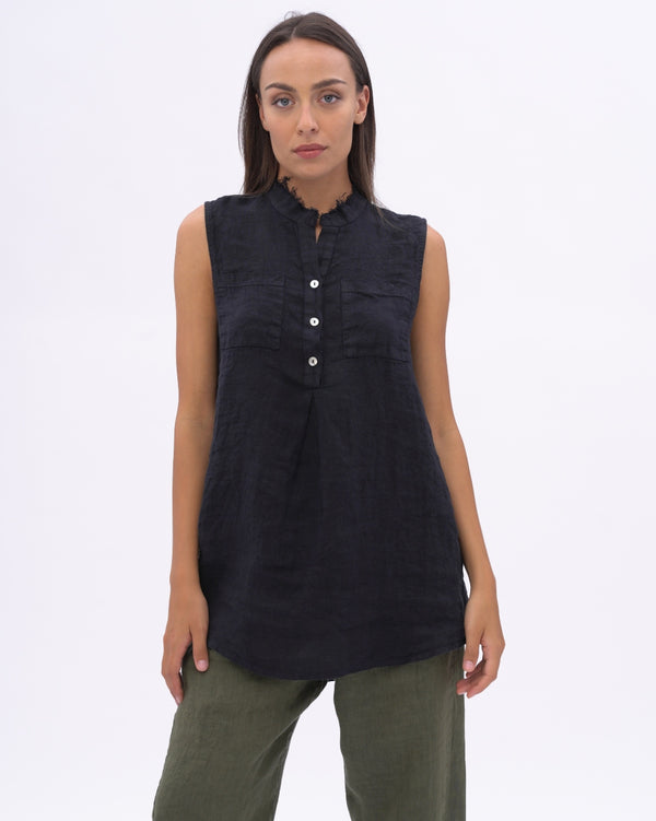 Baci Linen Front Pocket Buttoned Tank Deep Blue