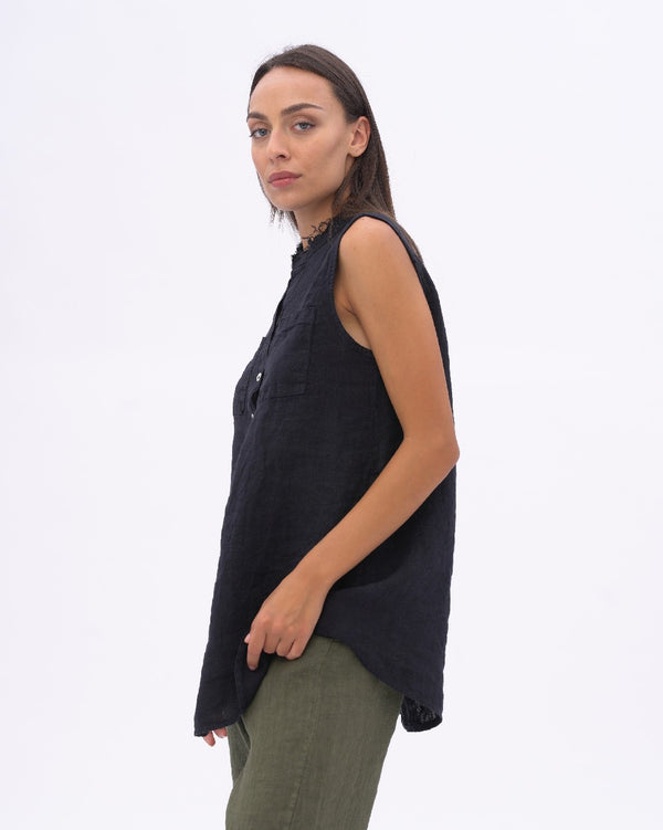 Baci Linen Front Pocket Buttoned Tank Deep Blue