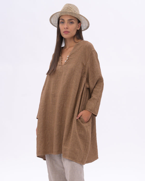 Baci Linen Long Sleeve Midi Dress Black