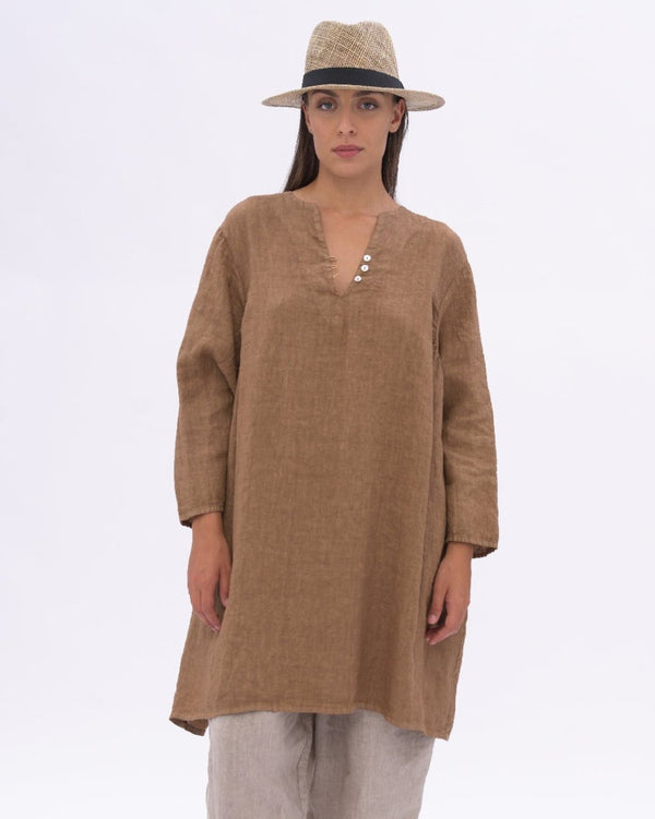 baci Linen Long Sleeve Midi Dress Black