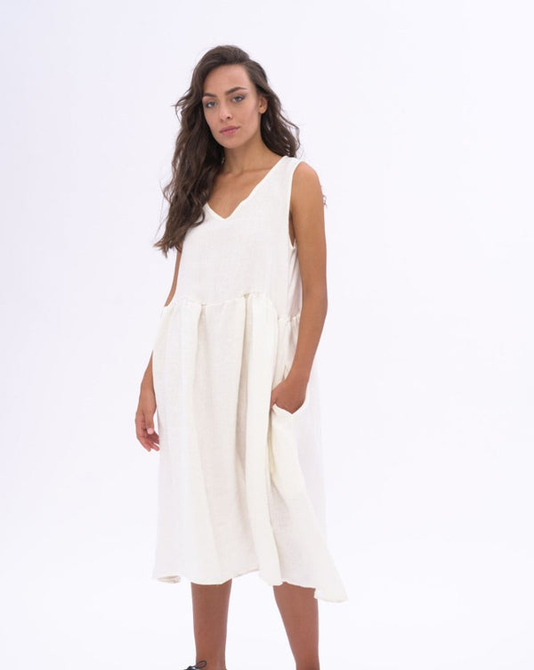 Baci Linen Tiered Waist V-neck Dess Natural