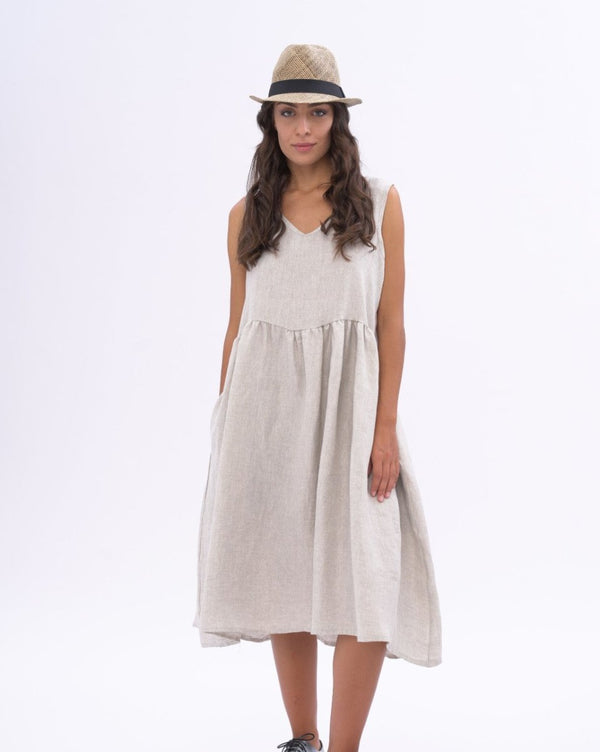 baci Linen Tiered Waist V-neck Dess Natural