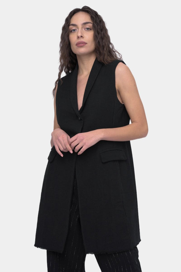 baci Long Button Up Vest Black