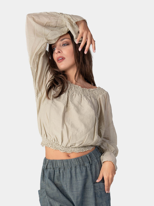 Baci Long Flair Sleeve Bardot Crop Top Cappuccino