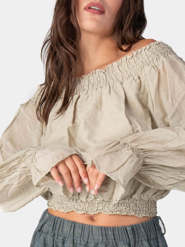 Baci Long Flair Sleeve Bardot Crop Top Cappuccino