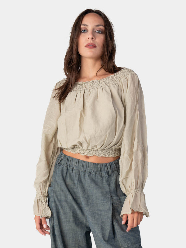 baci Long Flair Sleeve Bardot Crop Top Cappuccino