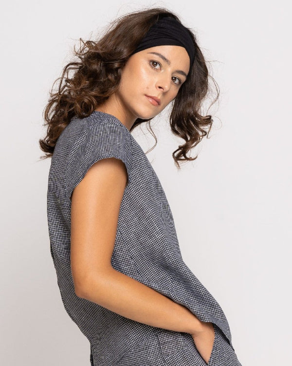 Baci Micro Checker Cap Sleeve Top Black Checkers