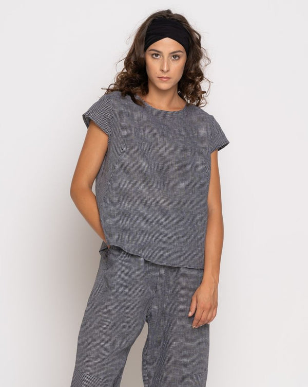 Baci Micro Checker Cap Sleeve Top Black Checkers