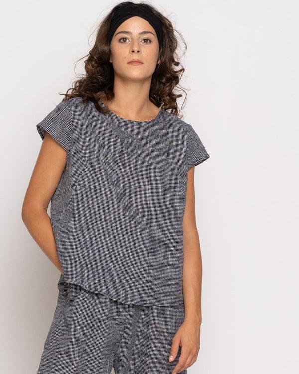 baci Micro Checker Cap Sleeve Top Black Checkers