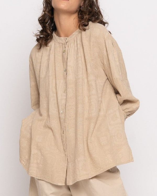 Baci Organic Faded Tile Button-Up Shirt Beige