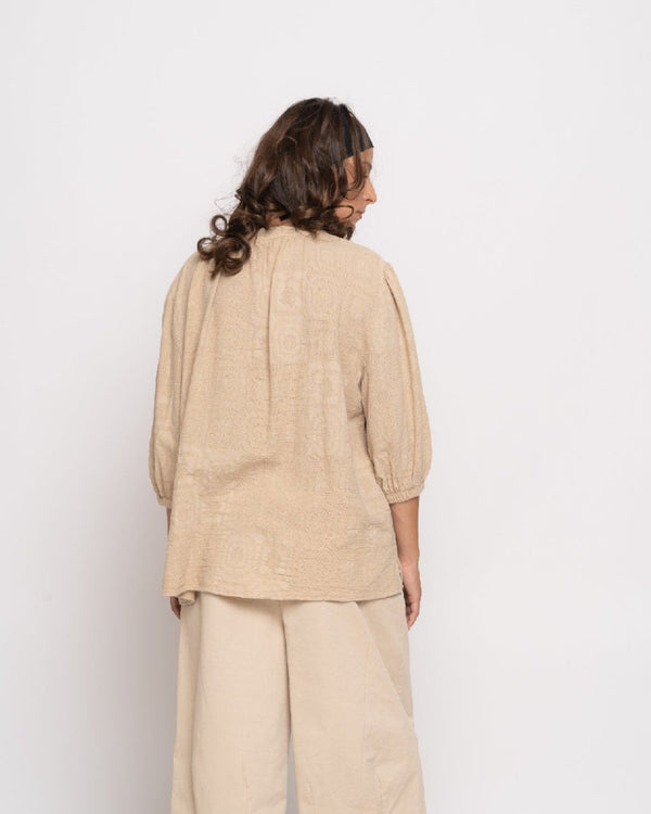 Baci Organic Faded Tile Button-Up Shirt Beige