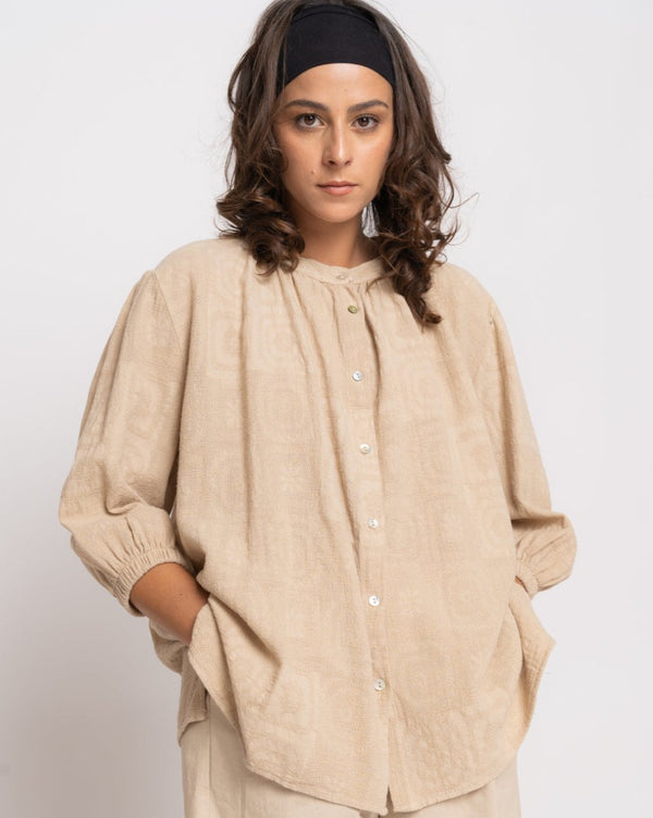 baci Organic Faded Tile Button-Up Shirt Beige