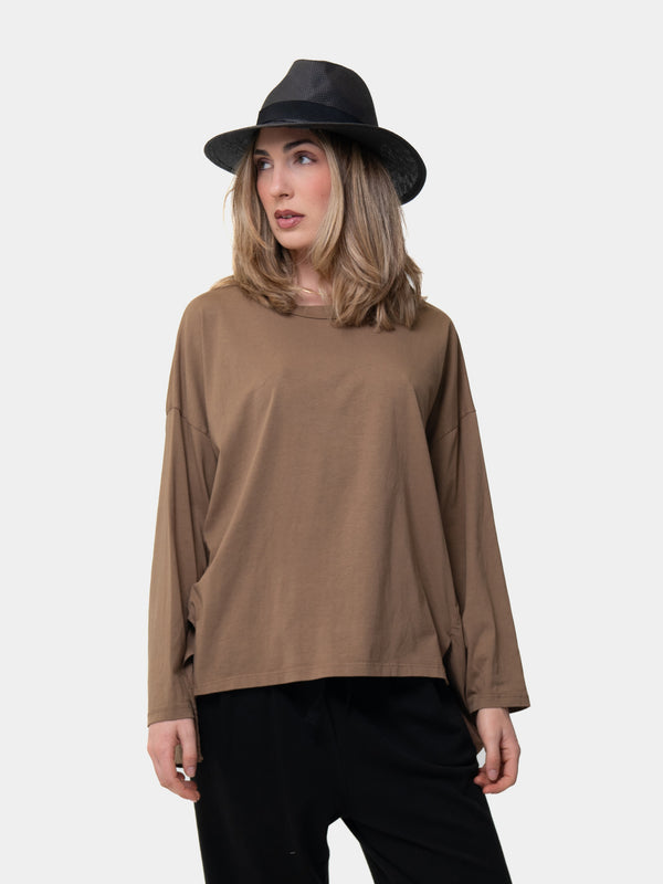 Baci Oversized Hi Lo Round Neck Cotton Top Bianco