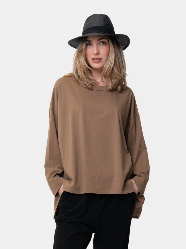 baci Oversized Hi Lo Round Neck Cotton Top Bianco