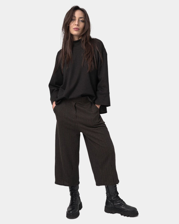 Baci Pinstriped Elastic Waist Pants Black Striped