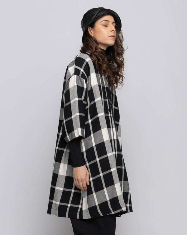 Baci Plaid 3/4 Sleeve Button-Up Dress Black / White