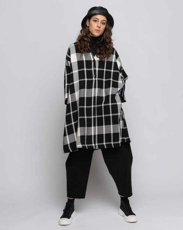 Baci Plaid 3/4 Sleeve Button-Up Dress Black / White