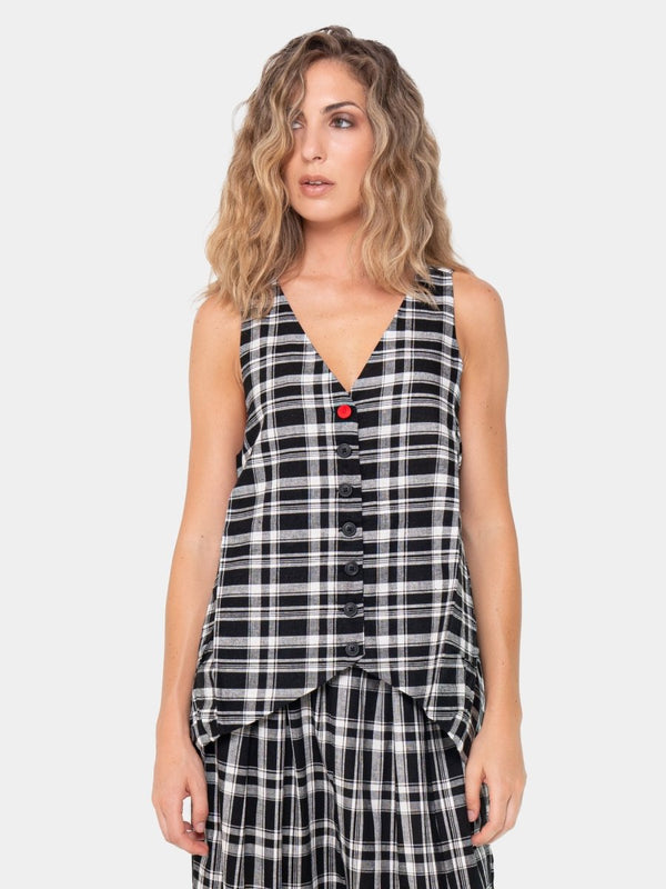 baci Plaid Hi-Lo Vest Black & White Quadro