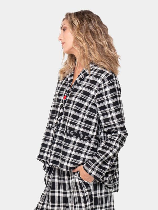 Baci Plaid Shawl Swing Jacket Black & White Quadro