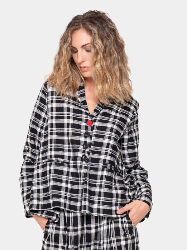 Baci Plaid Shawl Swing Jacket Black & White Quadro