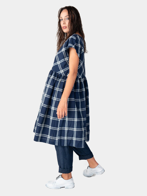 Baci Plaid Short Sleeve Dress Indigo