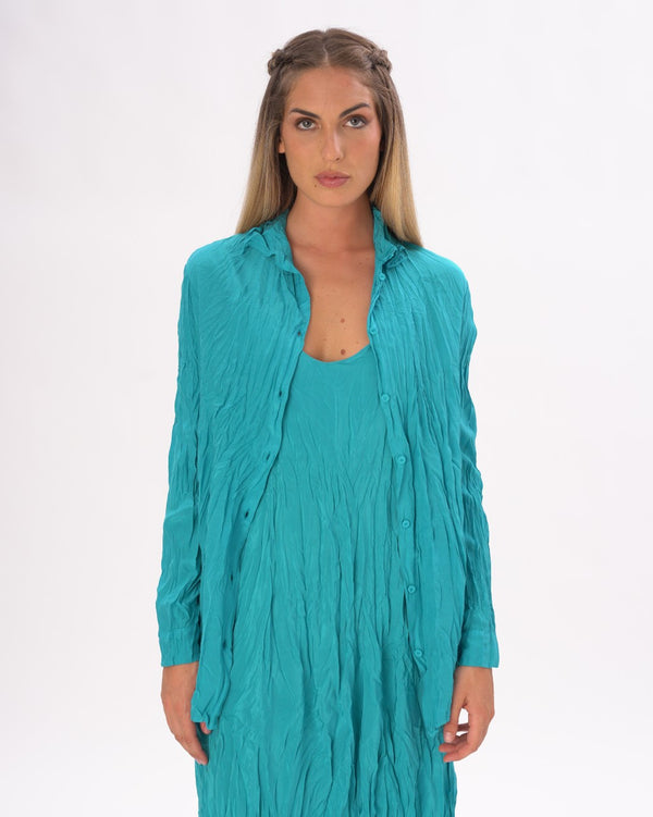 Baci Pleated Crinkled Button Up Long Sleeve Black