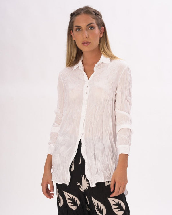 baci Pleated Crinkled Button Up Long Sleeve Black