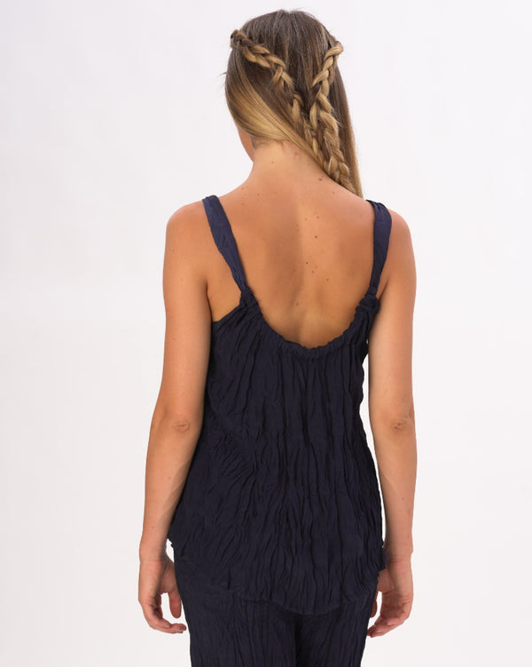 Baci Pleated Crinkled Camisole Tank Shirt Black