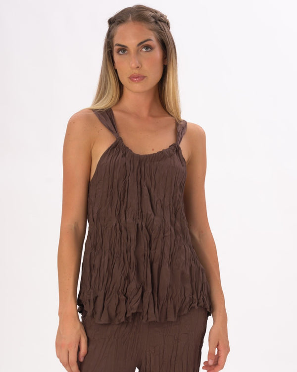 Baci Pleated Crinkled Camisole Tank Shirt Black