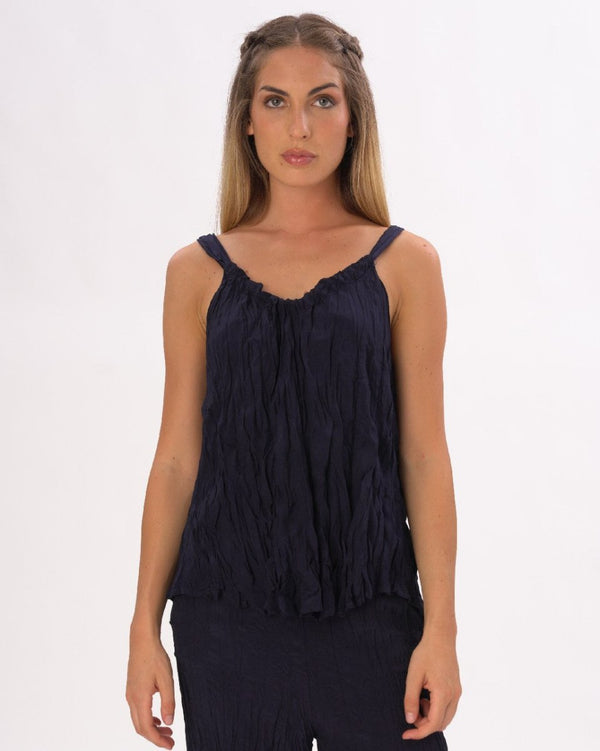 baci Pleated Crinkled Camisole Tank Shirt Black