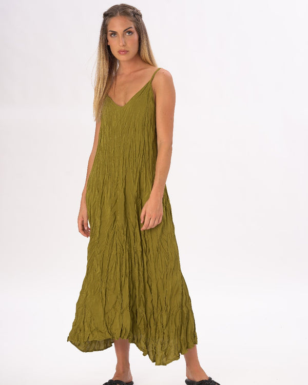 Baci Pleated Crinkled Maxi Slip Dress Black