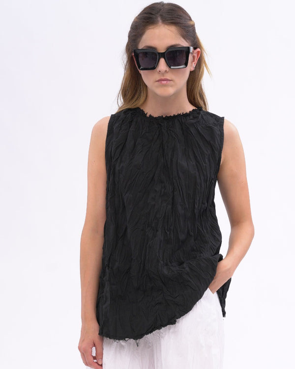baci Pleated Organic Cotton Raw Edge Tank Black