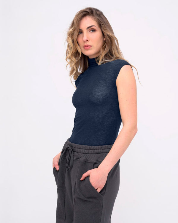 Baci Raw Edge Cap Sleeve Turtleneck Top Butter