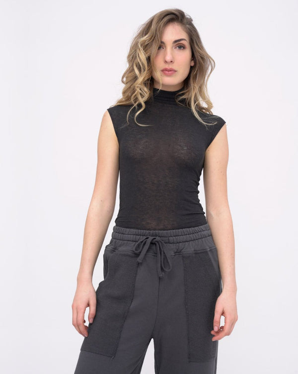 baci Raw Edge Cap Sleeve Turtleneck Top Butter