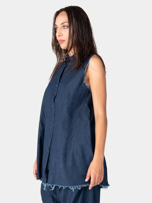 Baci Raw Edge Sleeveless Denim Button Up Indigo