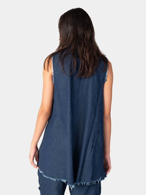 Baci Raw Edge Sleeveless Denim Button Up Indigo