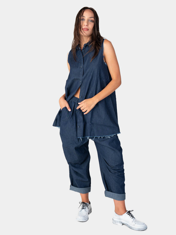 Baci Raw Edge Sleeveless Denim Button Up Indigo
