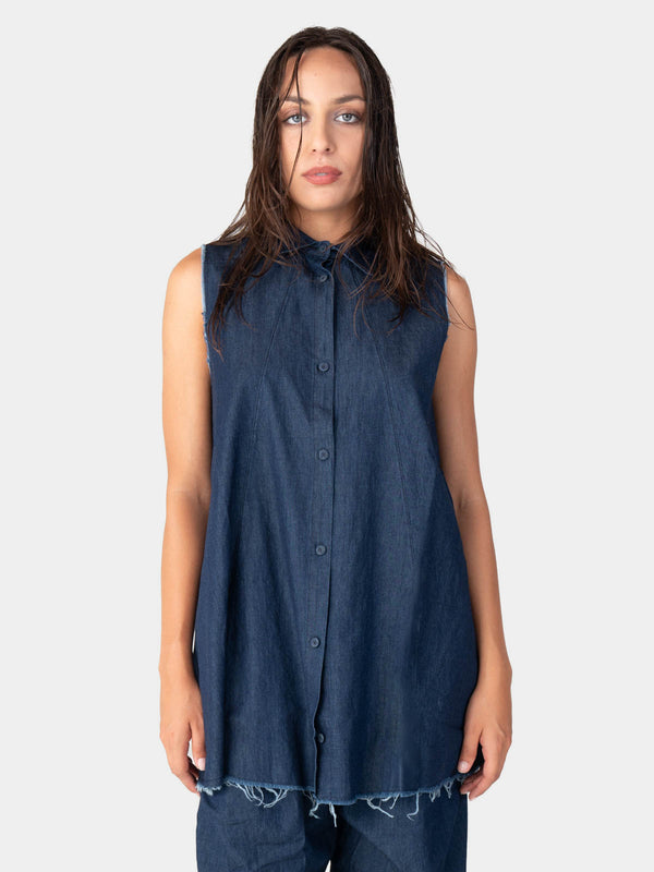 baci Raw Edge Sleeveless Denim Button Up Indigo