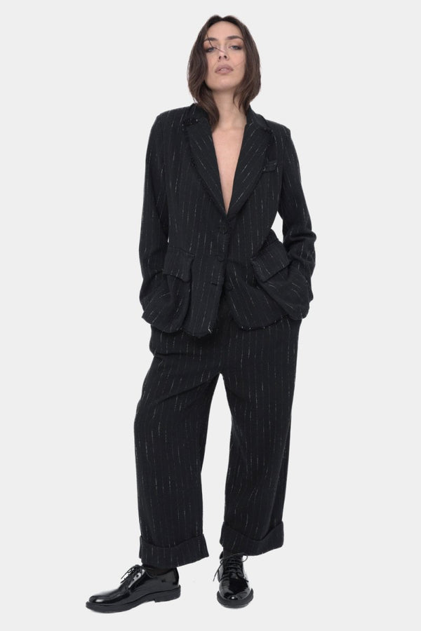 Baci Raw Edge Striped Blazer Jacket Black