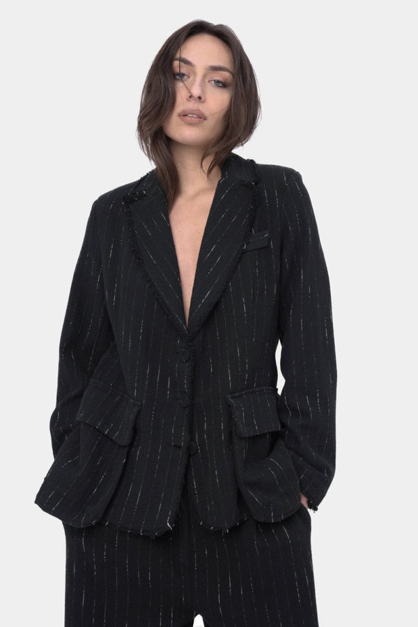 baci Raw Edge Striped Blazer Jacket Black