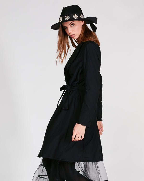 Baci Raw Hem Belted Long Blazer Beige