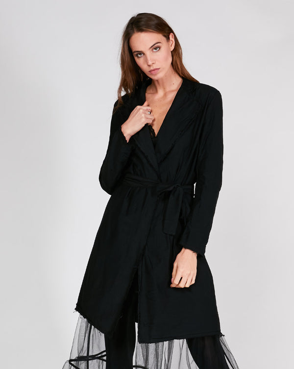 baci Raw Hem Belted Long Blazer Beige