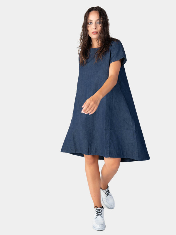 Baci Round Neck Denim Day Dress Indigo