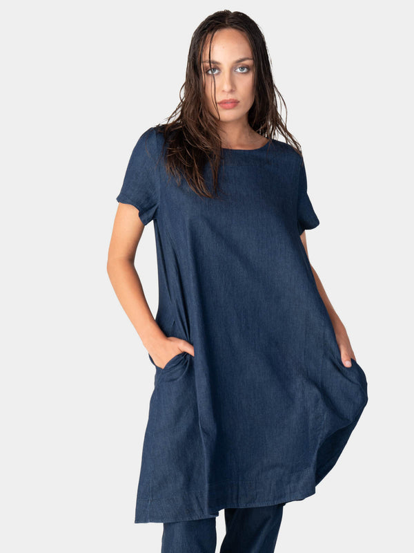 baci Round Neck Denim Day Dress Indigo