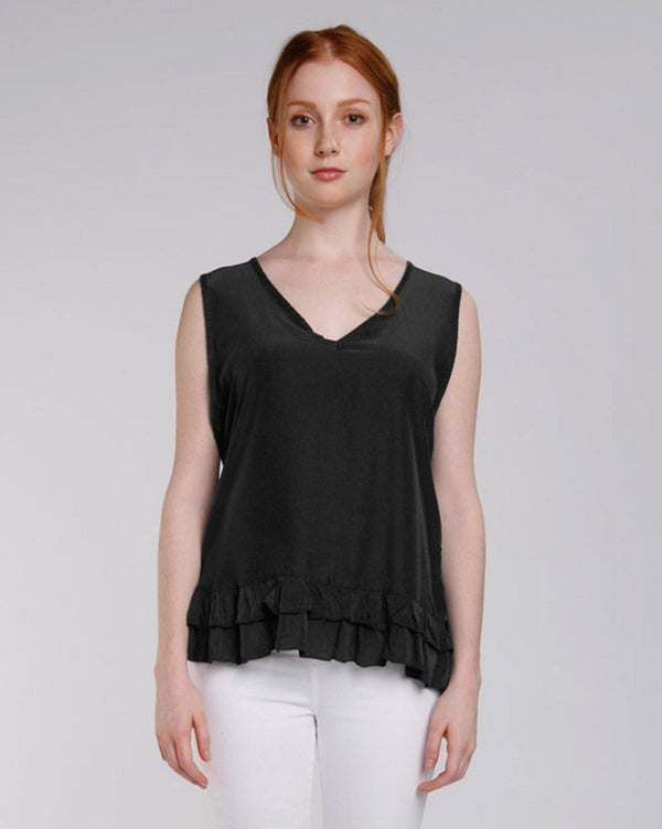 baci Ruffle Hem V-Neck Tank Top Black