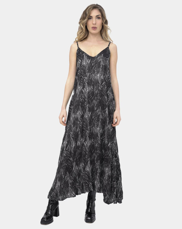 baci Ruffle Leaf Print Maxi Dress Black / White