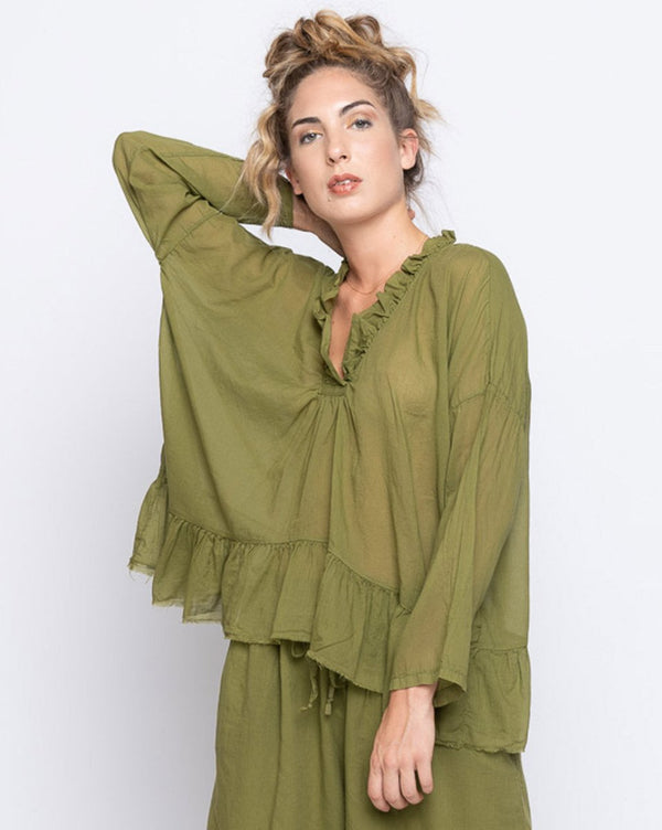 Baci Ruffle Panelled V-Neck Blouse Green