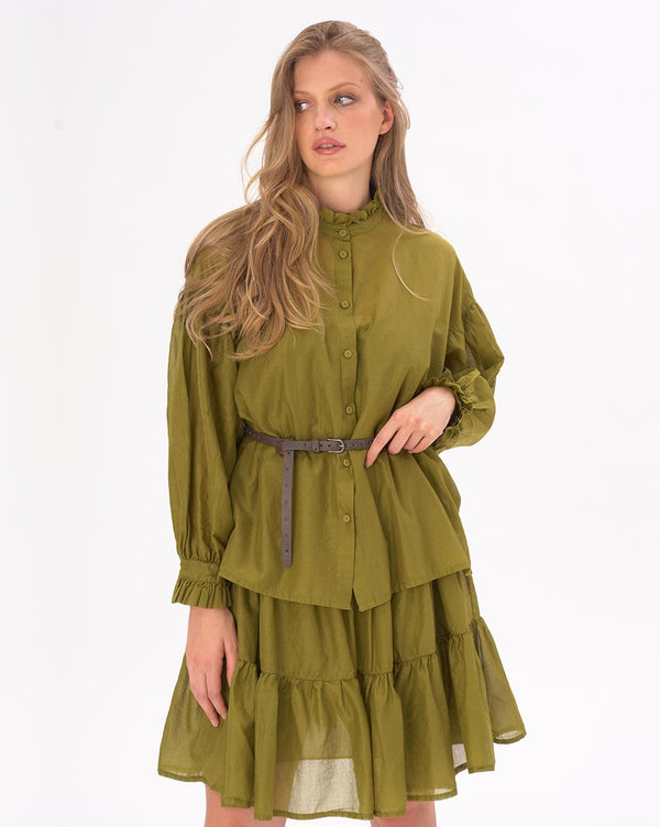 Baci Ruffled Collar Button Up Cotton Shirt Black